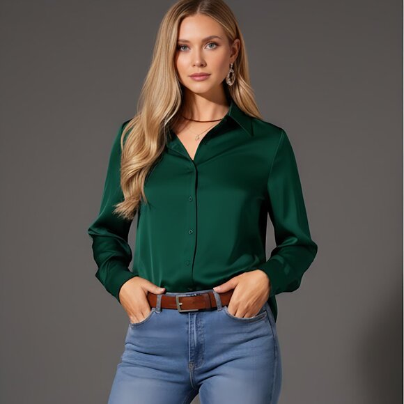 By Design Tops - Satin Button Front Long Sleeve Blouse Emerald Green
